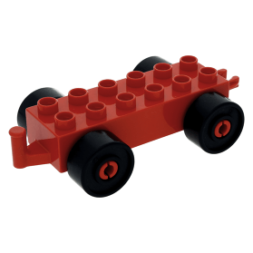LEGO part 2312c03 Red Duplo Car Base 2 x 6 with Black Wheels and Open Hitch End at BrickScout