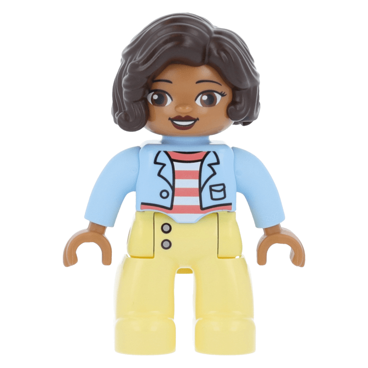 LEGO minifigure 47394pb284 - Duplo Figure Lego Ville, Female, Bright Light  Yellow Legs, Bright Light Blue Top with Coral and White Stripes Shirt, Dark  Brown Hair at BrickScout
