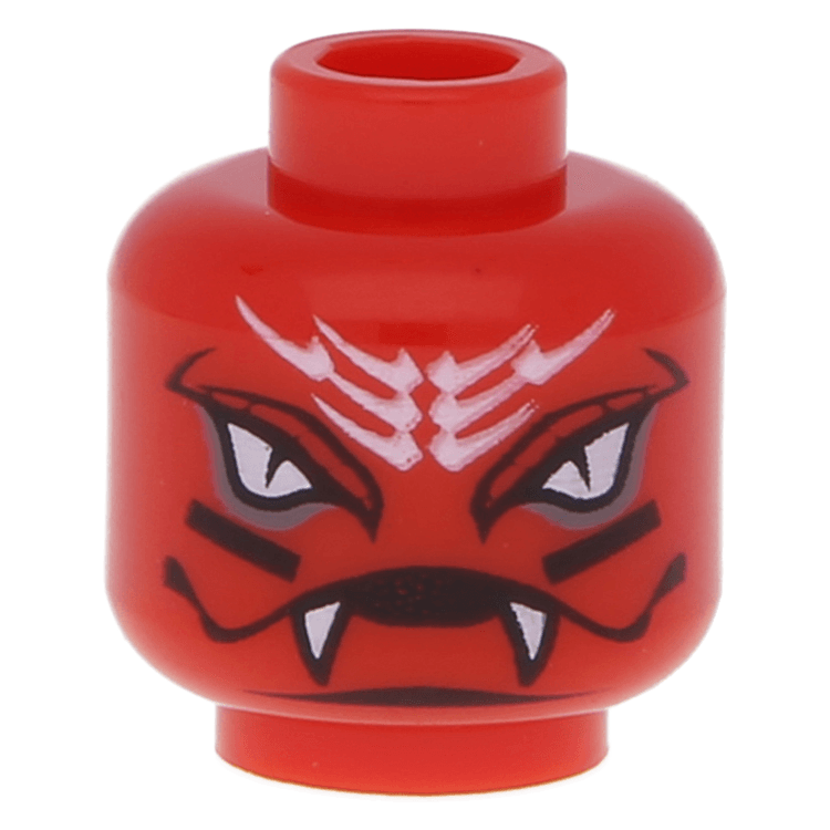 LEGO part 3626cpb0661 Red Minifig Head Alien with White Snake Eyes and Mouth with Fangs Pattern Stud Recessed at BrickScout